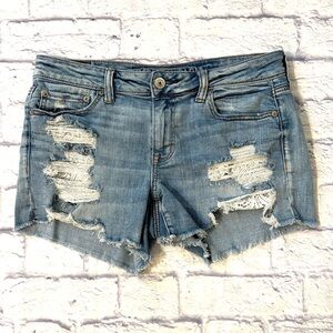 American Eagle Midi Jean Shorts Mid Rise Distressed Denim Size 8